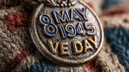 An evocative, macro-style image focusing on a worn, historic metal medal reading "8 MAY 1945 VE DAY," resting on a textured, knit fabric with a Union Jack pattern.