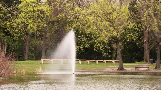 Fountain Spraying Water in Park Pond Static Wide Shot