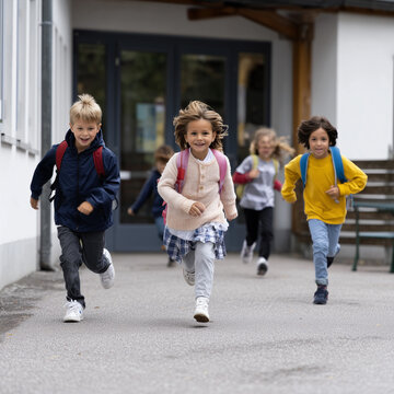 Fr&ouml;hliche Schulkinder rennen gemeinsam &uuml;ber den Schulhof. Dynamisches Bildungsmotiv f&uuml;r Schule, Lernen, Freundschaft, Kindheit, Bewegung und Gemeinschaft. Echtfoto.
