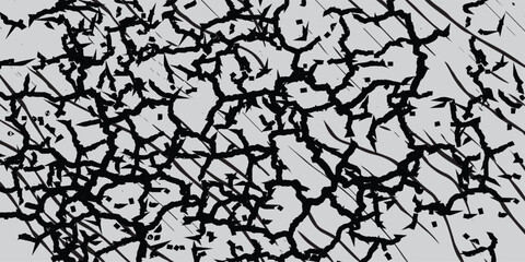 Obraz premium Abstract high-contrast texture featuring irregular black cracked lines spreading across a light gray surface. The design resembles natural stone fractures, broken glass patterns, or dry earth cracks, 