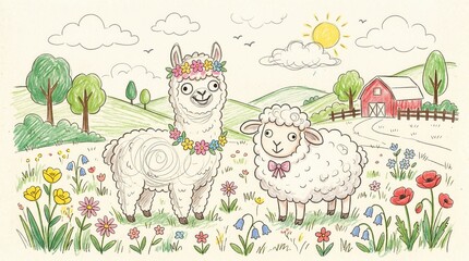 Obraz premium A charming llama and a sweet sheep stand in a bright field of wildflowers near a red farm barn