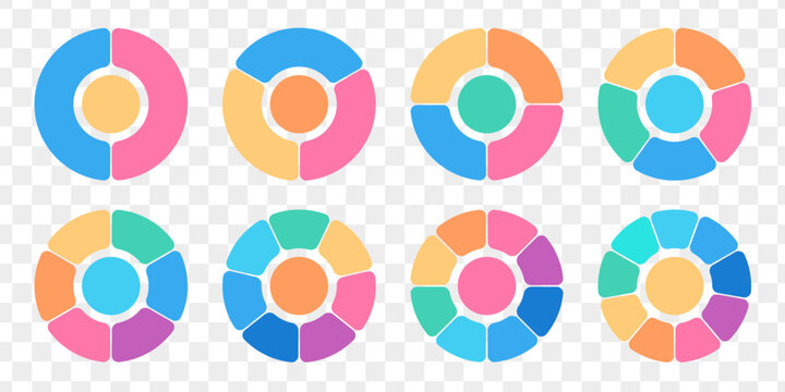 Colorful pie chart collection. Infographic diagram wheels with 2, 3, 4, 5, 6, 7, 8, 9 sections