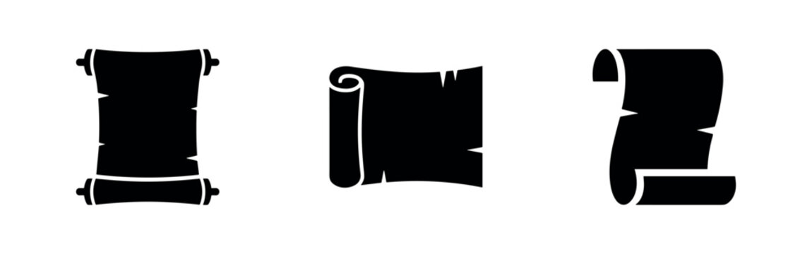 Ancient scroll icons set. Old paper, history, wisdom, and knowledge symbols in black vector silhouettes.