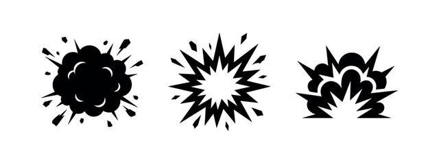 Explosion burst icons set. Comic style blast, boom, and impact symbols in black vector silhouettes. © Lili