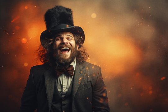 Man in top hat and bow tie laughing ecstatically amidst fantasy smoke and fiery sparks