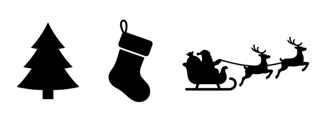 Christmas tree, stocking, and Santa's sleigh with reindeer silhouettes icon set. © Lili