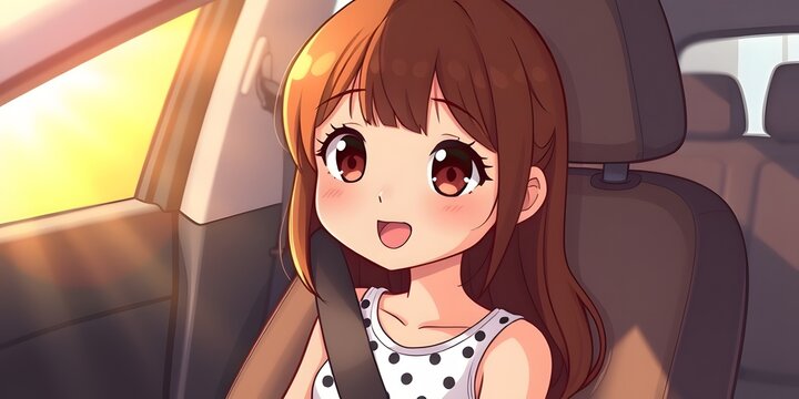 Charming webtoon-style illustration of a cute girl with long brown hair sitting in a car seat, sticking out her tongue playfully and wearing a polka dot outfit.