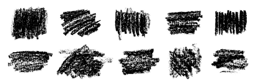 Black charcoal strokes collection. Grunge hand drawn textures made with oil pastel pencil.