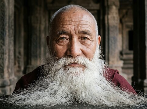 Portrait of an elderly asian monk with a long white beard, looking directly at the camera with a serene expression, set against a blurred ancient stone temple background