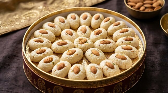 Traditional Indian malai peda milk sweets topped with almonds arranged in a decorative round box for festive gifting and special celebrations