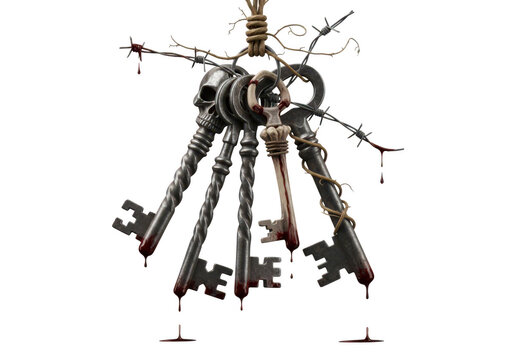 Bunch of gothic antique skeleton keys with blood drops isolated on transparent background