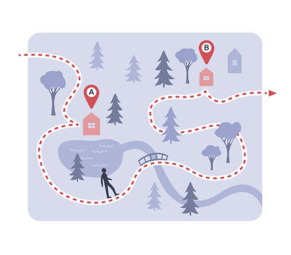 Wayfinding and route navigation concept map with destination markers A and B.