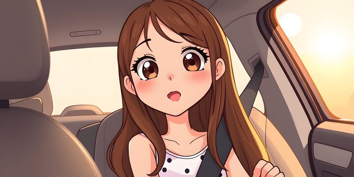 Charming webtoon-style illustration of a cute girl with long brown hair sitting in a car seat, sticking out her tongue playfully and wearing a polka dot outfit.