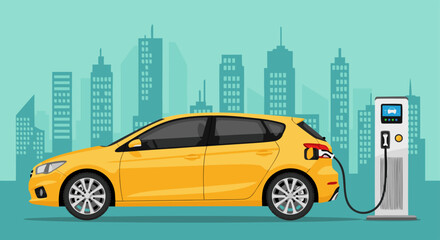Yellow Electric Vehicle Charging at a Modern Urban Station Vector Illustration Representing Sustainable City Transport Solutions © DOLARRIZ JHON