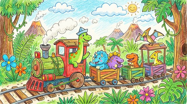Cute dinosaurs ride a train through a sunny jungle with volcanoes and green trees