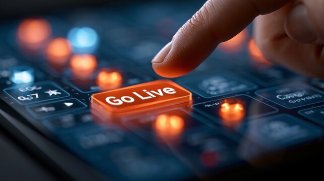 Human finger pressing a glowing orange go live button on a digital touchscreen interface with dark blue background lighting effects