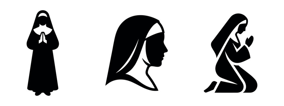 Nun and Sister Religious Icons Set. Christian, Catholic, Prayer, and Spirituality Symbols.