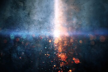 Naklejka premium Bright light beam illuminates smoky, particle-filled abstract space with bokeh effects