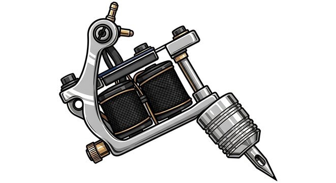 Professional coil tattoo machine with metal frame and dual coils isolated on white background