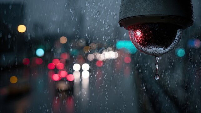 Surveillance camera in heavy rain, red light illuminated, streetlights blurred background