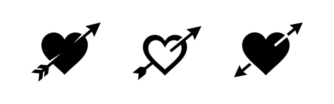 Heart with arrow icon set. Cupid's arrow symbols for love, romance, and Valentine's Day.