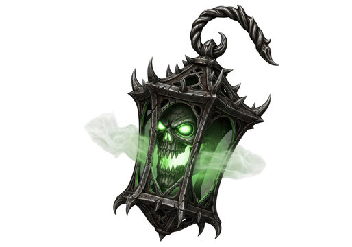 A sinister metal lantern with a glowing green skull inside isolated on transparent background