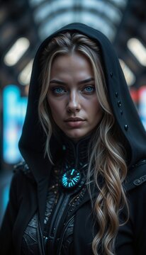 This image shows a concept of a cyberpunk-style character, featuring a detailed black hood and a glowing tech emblem on the chest