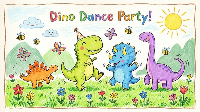 Four happy dinosaurs dance and play together in a colorful outdoor field on a sunny day