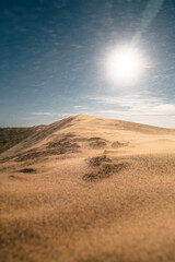Dune du Pilat sous le soleil éclatant, vent de sable, Gironde © Maxime