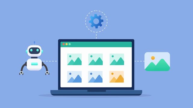 Modern flat vector animation featuring an AI assistant beside a laptop displaying an image gallery dashboard. Ideal for digital asset management, media organization, image processing, and creative wor