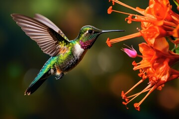Fototapeta premium Hummingbird hovering in mid air near vibrant orange flower, wings blurred in flight