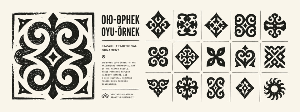 Kazakh traditional ornament collection with hand drawn black geometric patterns and motifs on light background