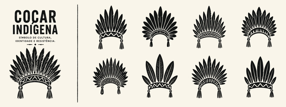 Set of Indigenous Feather Headdress Illustrations in Black and White Woodcut Style