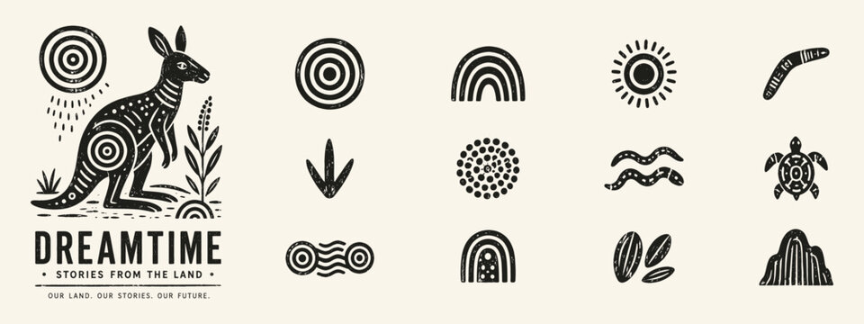 Set of Australian Aboriginal Inspired Dreamtime Symbols with Kangaroo Turtle and Boomerang Icons