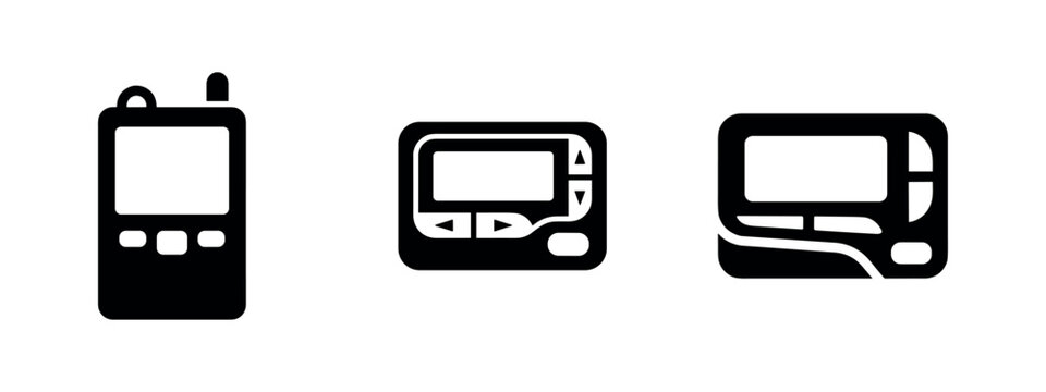Retro communication devices icons set, vintage pager and walkie-talkie vector.