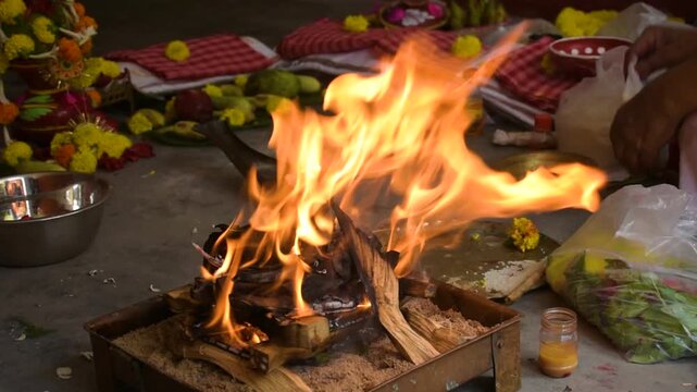 Holi Fire Ritual During Hindu Puja Ceremony with Sacred Flames