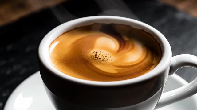Close-up of a white ceramic espresso cup filled with fresh hot coffee featuring a thick, golden-brown swirling crema and rising steam against a dark textured background.
