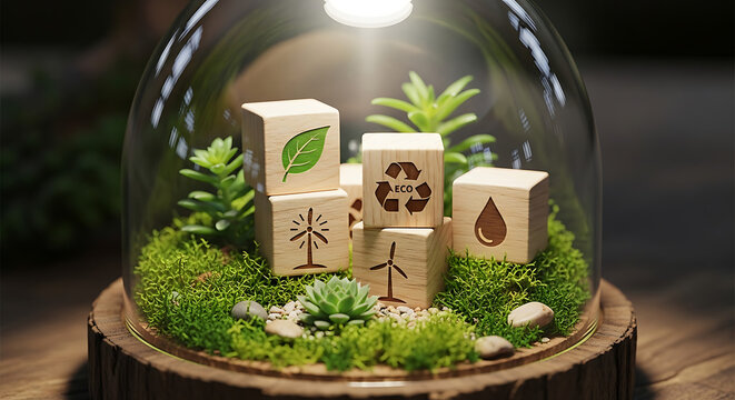 Eco-friendly wooden blocks with recycling symbols inside a glass dome on a wooden base surrounded by green moss and plants.