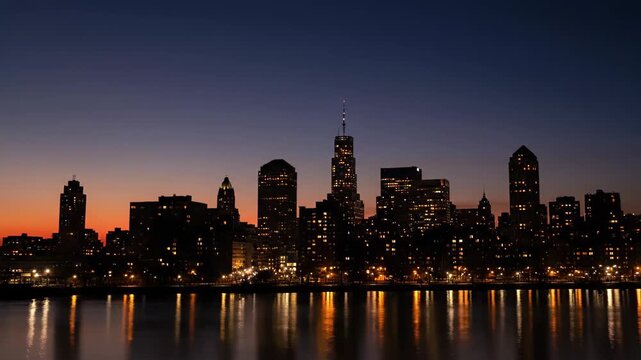 Panoramic view of the city skyline at dusk, with the city dusk extending to night
