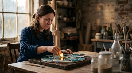 Fototapeta premium Female artisan repairing blue mosaic plate with gold resin in workshop