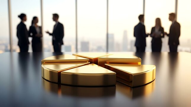 Golden pie chart with multiple slices on dark table in front of blurred business people in office meeting room with city view at sunset.