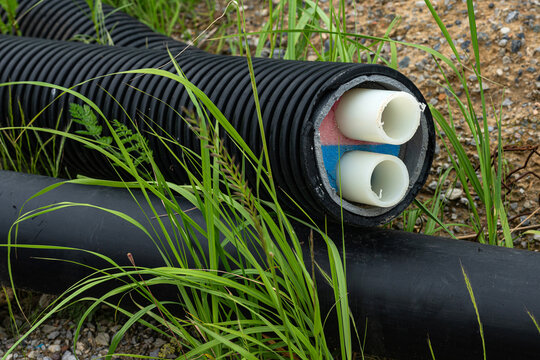 Black district heating pipe for connecting heat pumps. Close up.