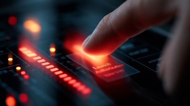Close up of a human finger pressing a glowing red launch authorization button on a high tech digital control panel