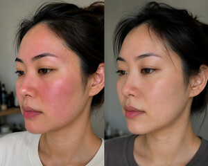 Fototapeta premium Sensitive Skin Redness Before and After on Asian Woman, Subtle Skin Improvement with Natural Texture