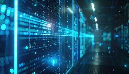 Obraz premium Abstract blue digital server room with data trails.