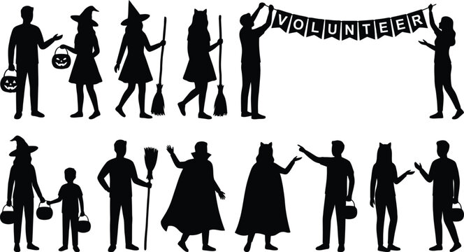 Halloween volunteers and kids trick or treating silhouettes
