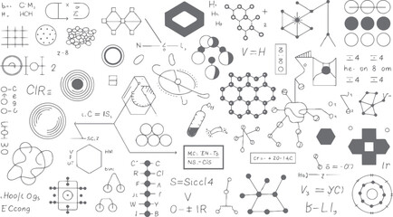 Obraz premium Hand drawn scientific diagrams and chemical formulas with molecular structures and mathematical equations