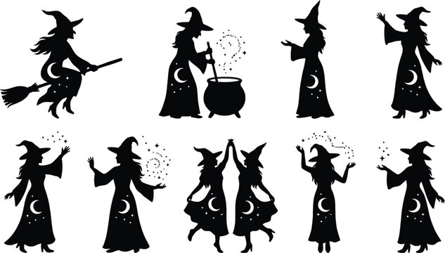Witches performing magic spells with broom and cauldron