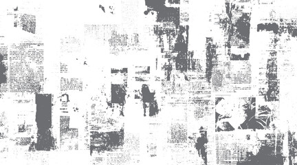Obraz premium Distressed grey newspaper collage with text and abstract shapes on white background
