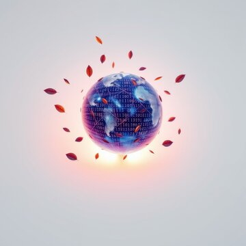 Globe covered in binary code, surrounded by falling autumn leaves. Soft glow emanates from below, creating ethereal scene.